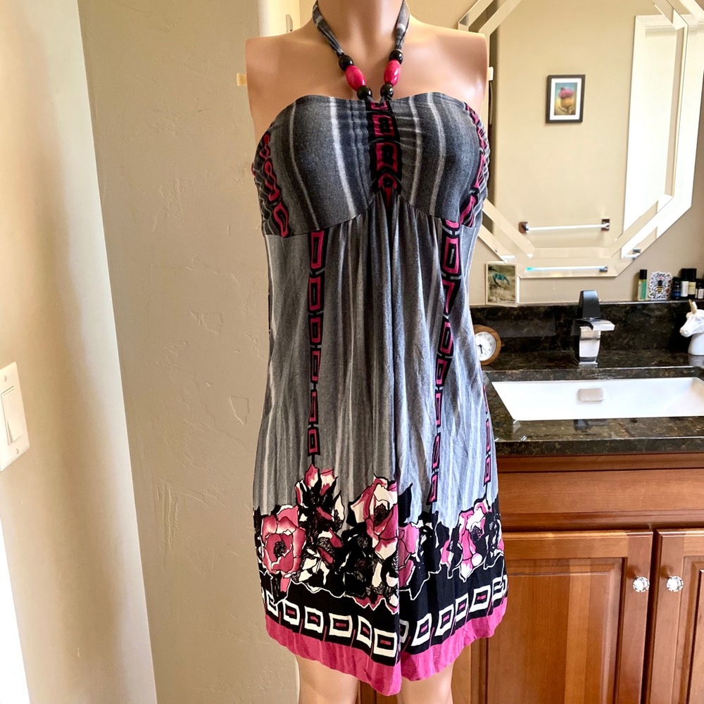 Pink and Gray Patterned Sundress by Venus, Size L